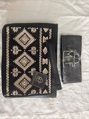 Mary Frances Black & Beige Embroidered Wristlet Clutch